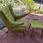 Vintage Papa Bear armchair and footstool in green and oak terry fabric