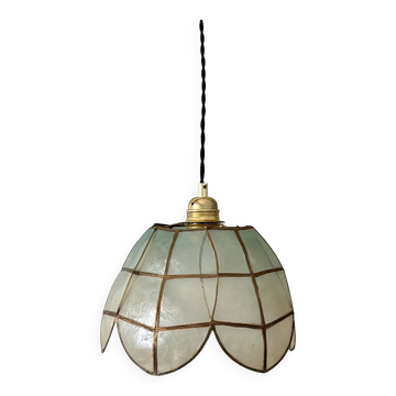 Suspension antique lampshade in blue mother-of-pearl and brass