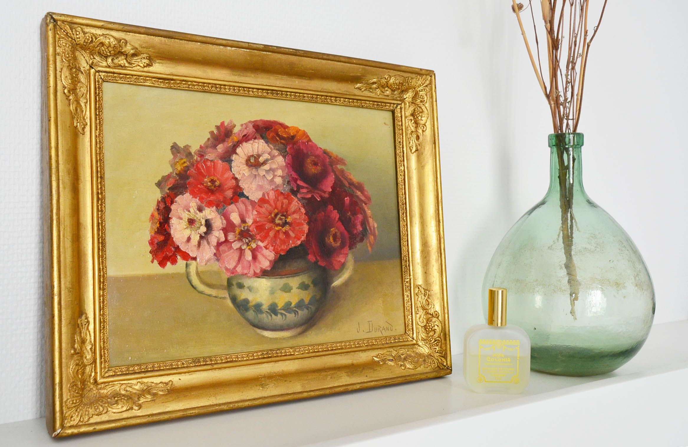 Oil on panel painting still life bouquet of flowers signed Durand