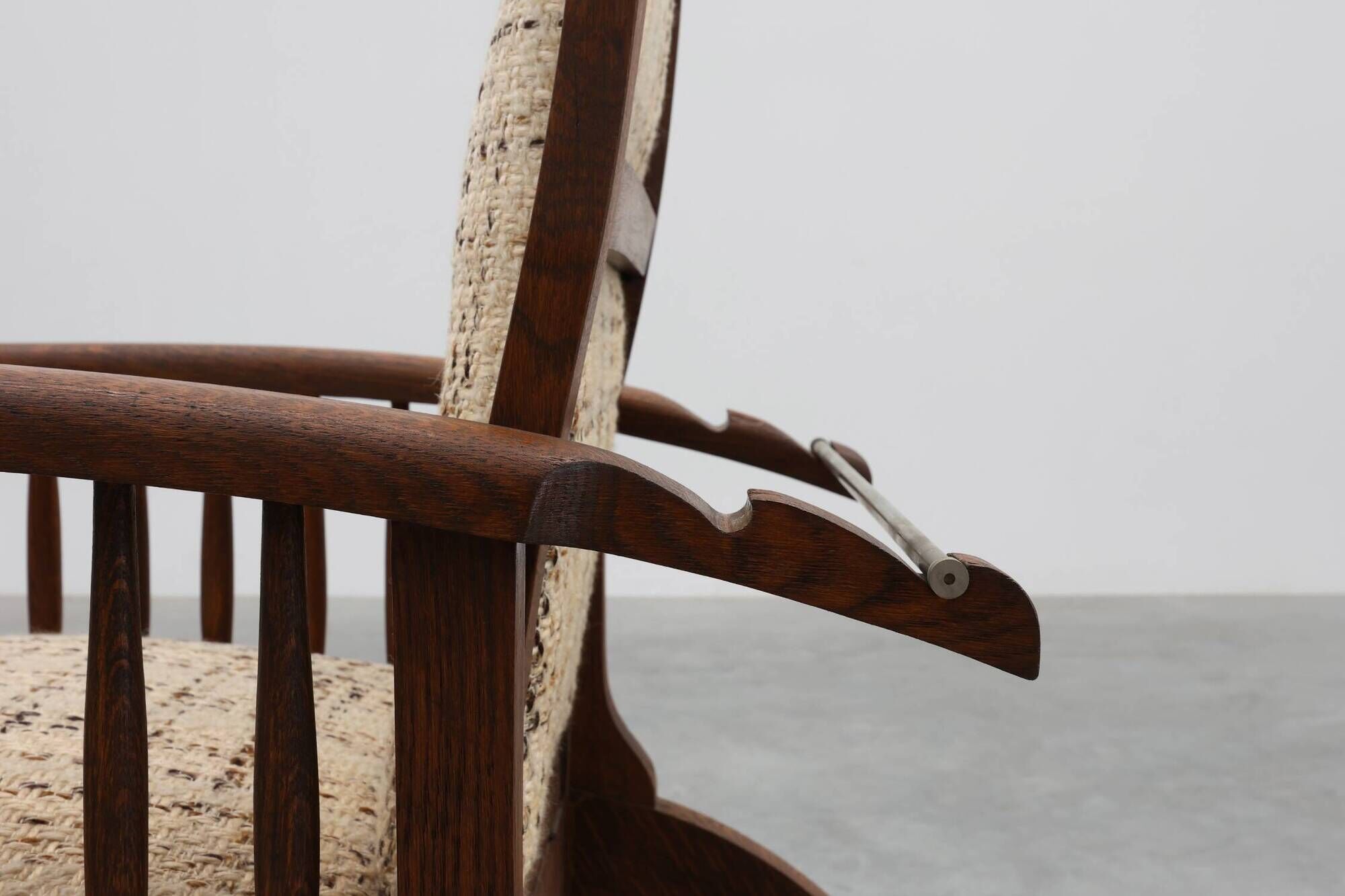 Arts & Craft oak armchair with spindle sides and tweed upholstery, Belgium