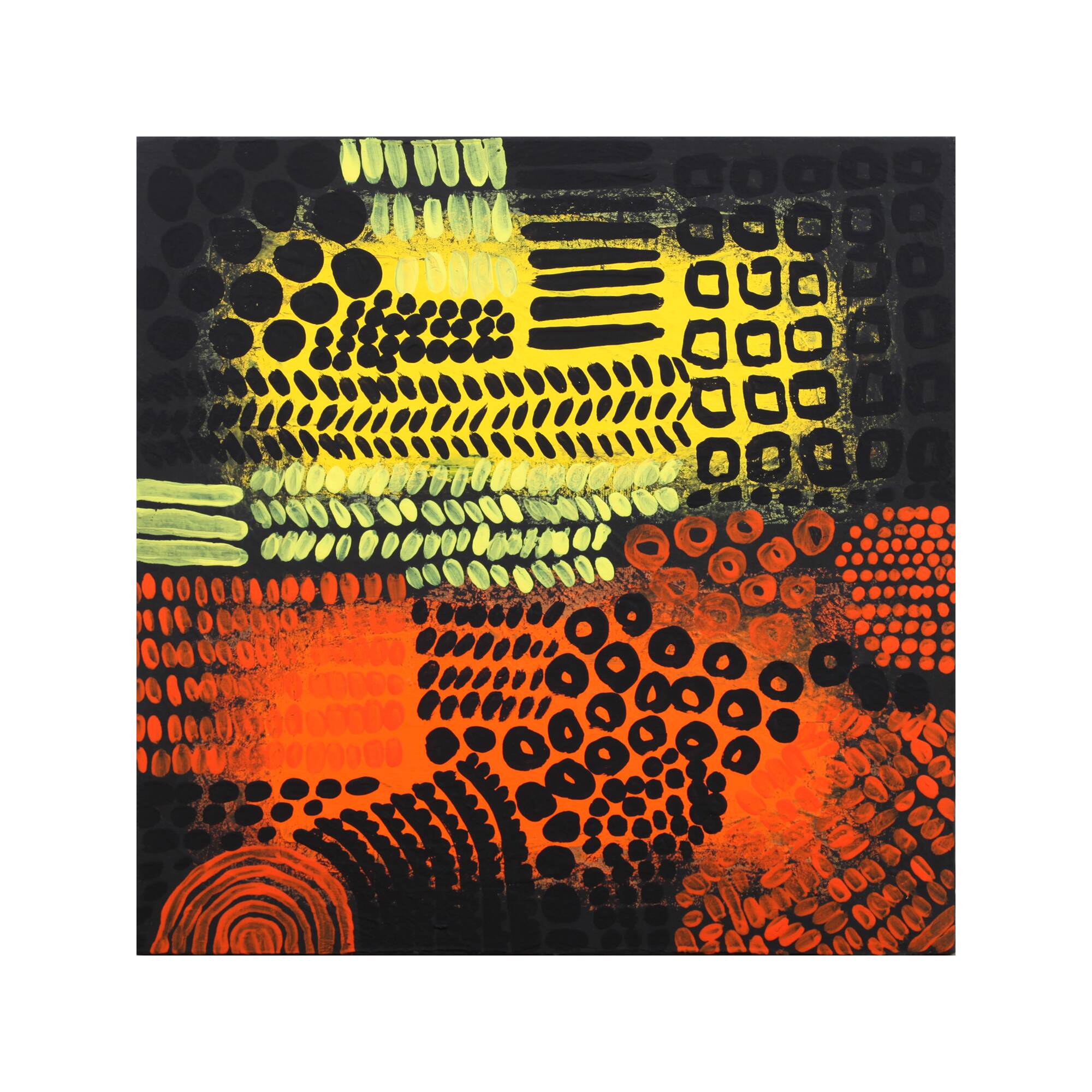Orange, black and yellow abstract acrylic painting on stretched canvas