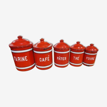 Series of 5 enamelled spice jars