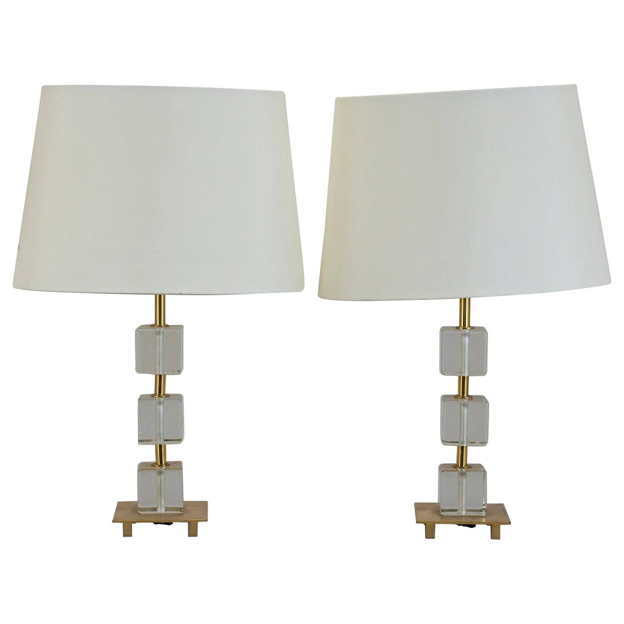 Pair of glass and brass desk lamps by Malmo Metallvarufabrik, Sweden, 1960.