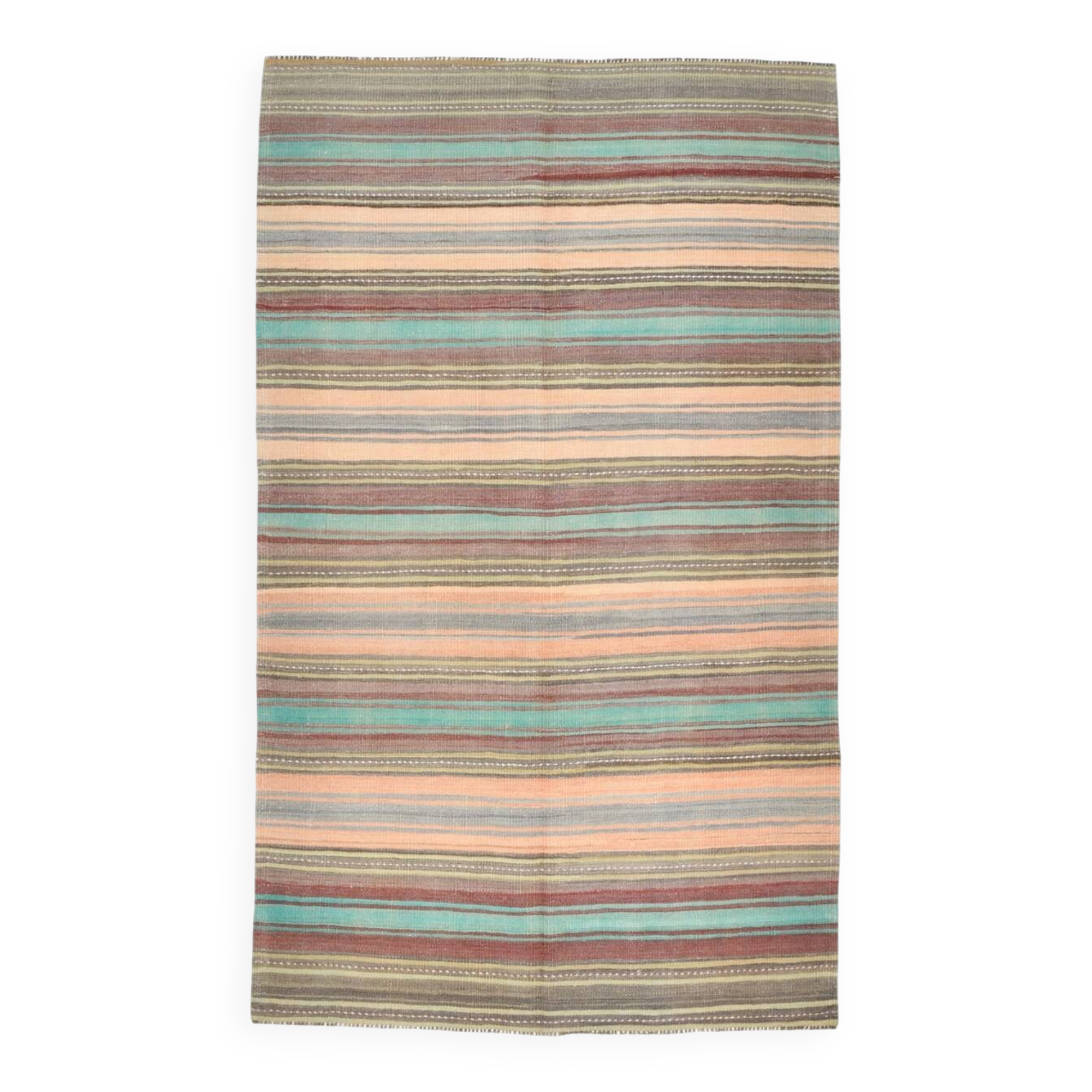 4x7 Pale Orange & Mint Green Striped Wool Kilim Rug, Washable Rug,126x210Cm