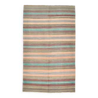 Tapis kilim en laine rayé orange pâle et vert menthe 4x7, lavable, 126x210 cm