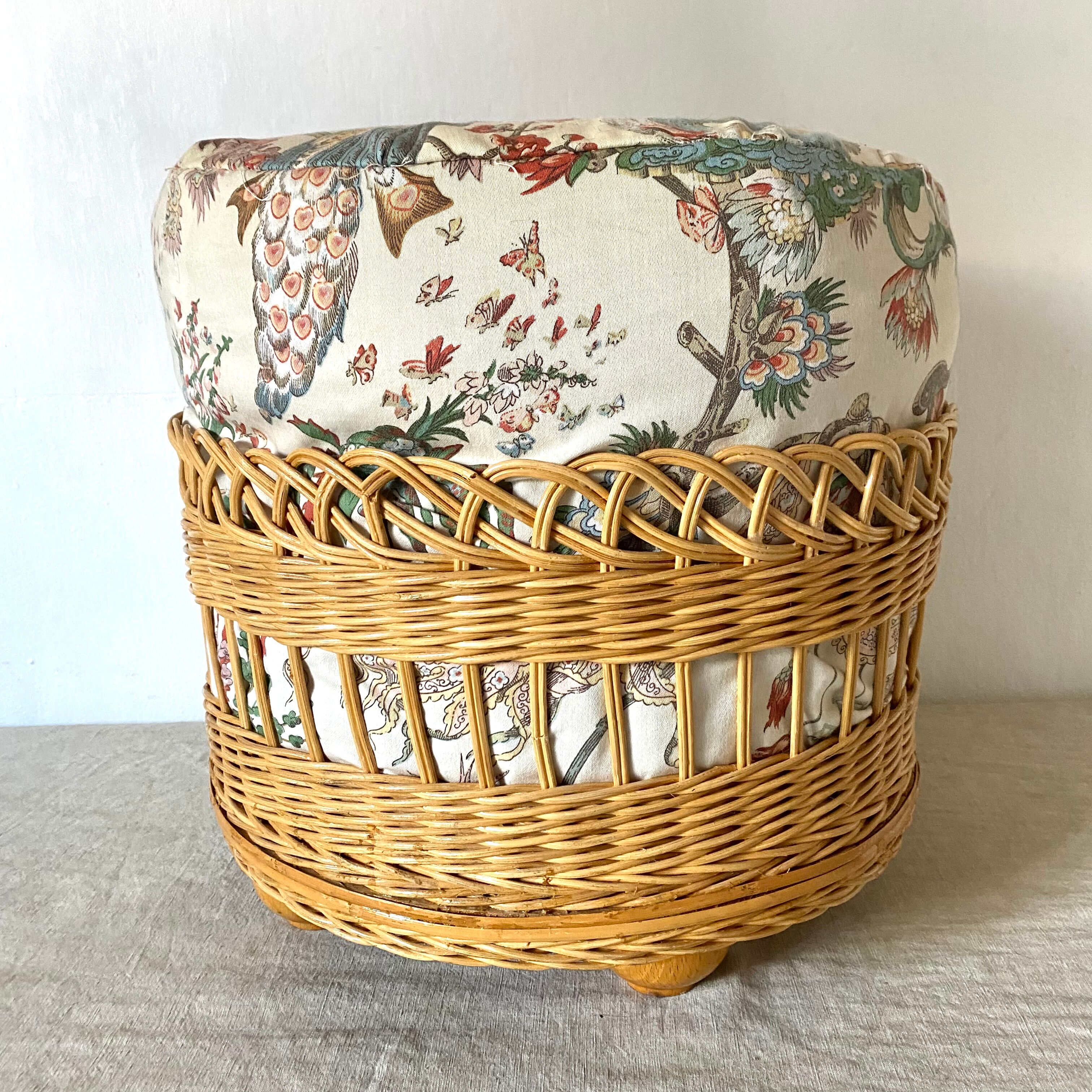 Rattan pouf and vintage fabric