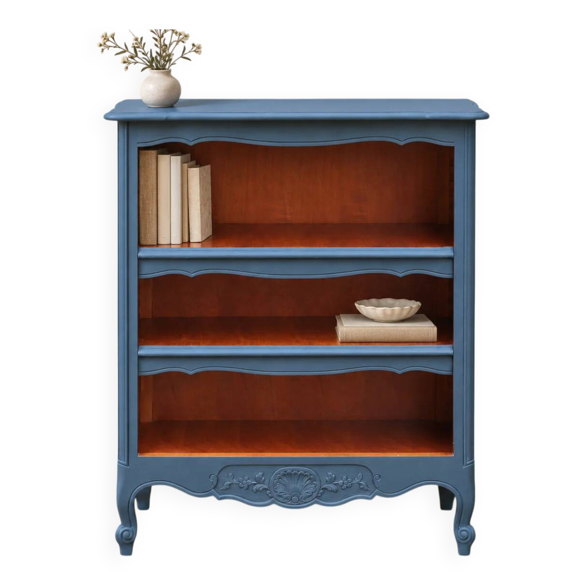 Renovated antique bookcase – Bleu des Vosges library, Libéron and natural wood – H100 cm