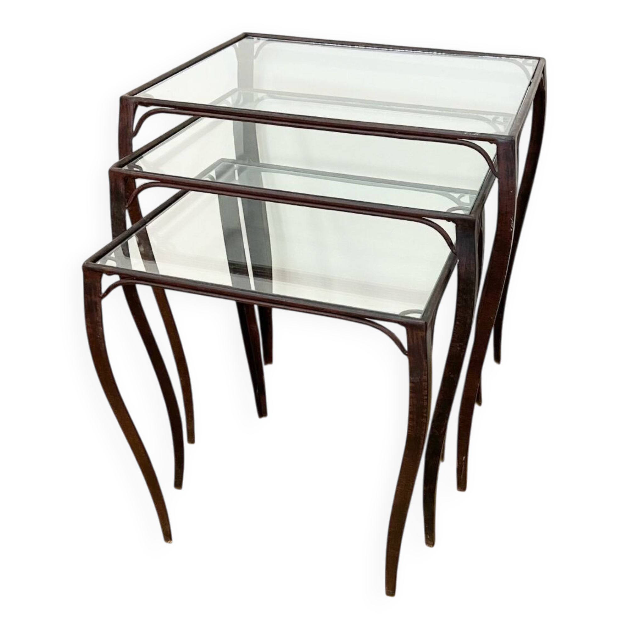 Nesting tables in wrought iron and glass