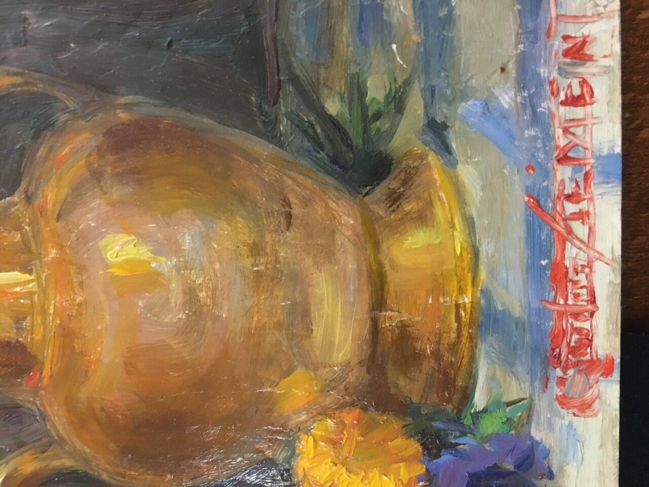 Still life with pourer and bouquet of flowers signed
