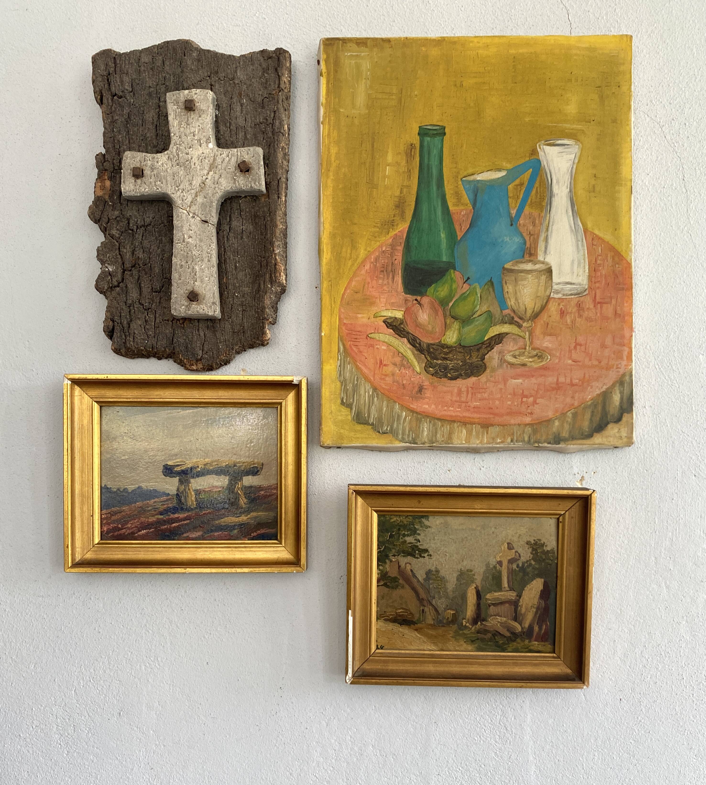 Oil on cardboard 19th century “the cross” wood and plaster frame