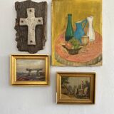 Oil on cardboard 19th century “the cross” wood and plaster frame