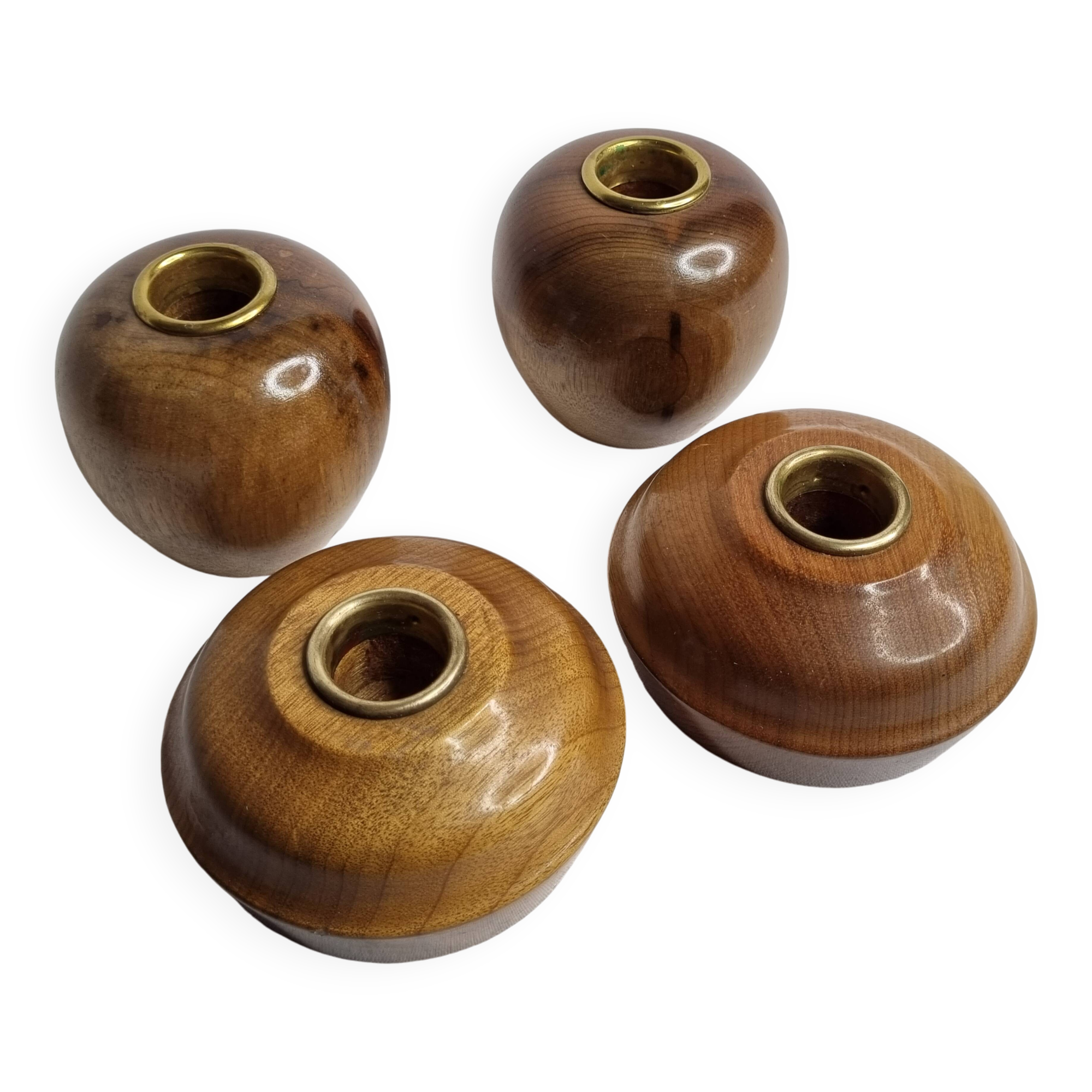 Set of 4 Myrtle Wood Candle Holders with Brass Inserts, Made in Port Orford, Oregon