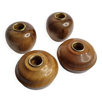 Set of 4 Myrtle Wood Candle Holders with Brass Inserts, Made in Port Orford, Oregon