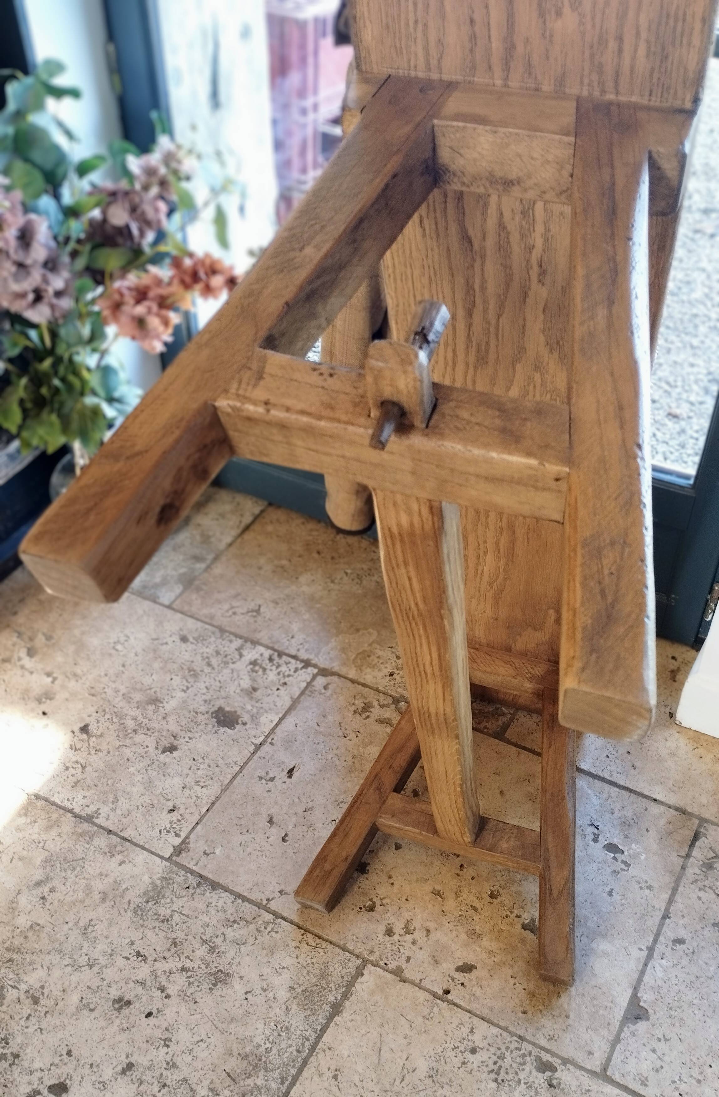 "A frame" bench in solid oak, patinated.