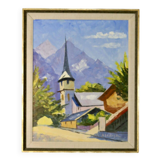 1950's Original Swedish Mid-Century Oil On Canvas Painting" "Alpnach " by Hugo Langkilde Larsen --Vi