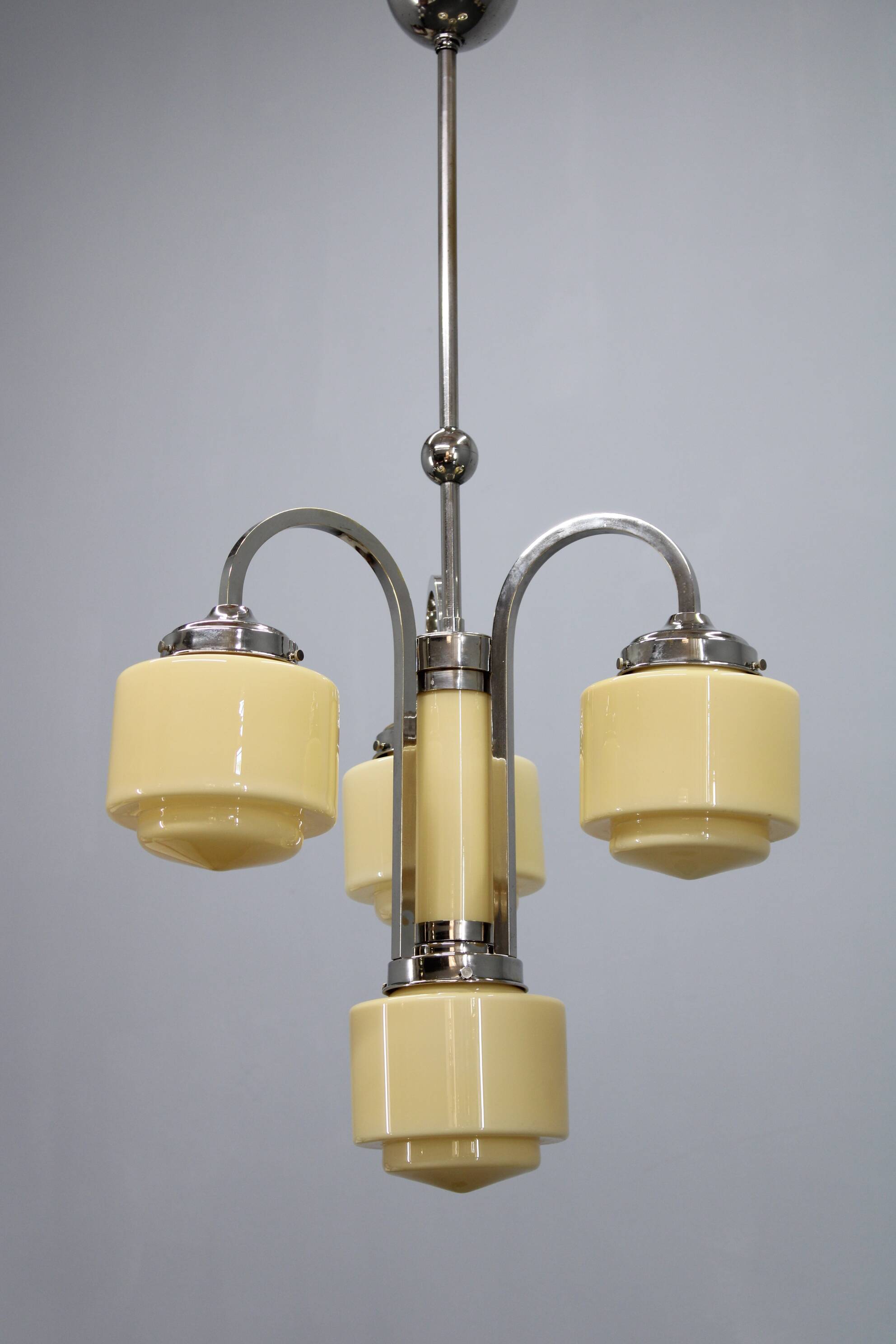 Art Deco nickel chandelier with cream glass cylinders, Czechoslovakia, 1930s
