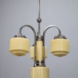 Art Deco nickel chandelier with cream glass cylinders, Czechoslovakia, 1930s