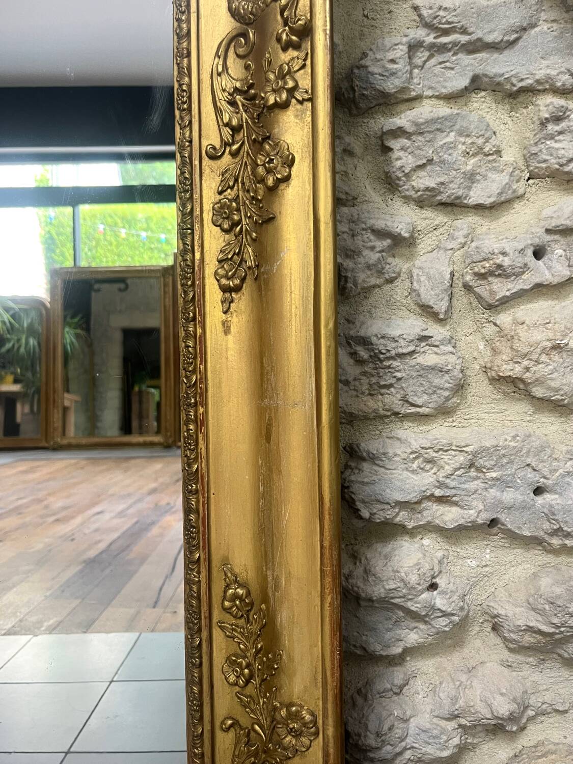 Antique fireplace mirror 144.5cm/131.5cm gold leaf and mercury