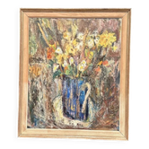 Original Swedish Oil on Panel – “Flowers in Blue Vase” by Sven Age – Signed – Vintage & Framed – 73 × 63 cm (28.7" × 24.8")