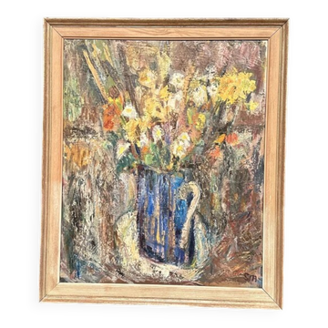 Huile sur panneau d'origine suédoise – « Fleurs dans un vase bleu » par Sven Age – Signé – Vintage et encadré – 73 × 63 cm (28,7" × 24,8")