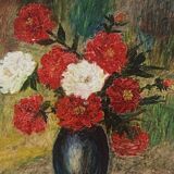 Painting, painting on canvas, still life, the bouquet of flowers painted on vintage canvas