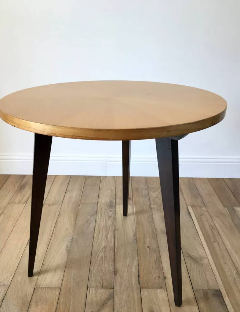 Tripod coffee table in wood and two-tone marquetry Scandinavian design 50s-60s