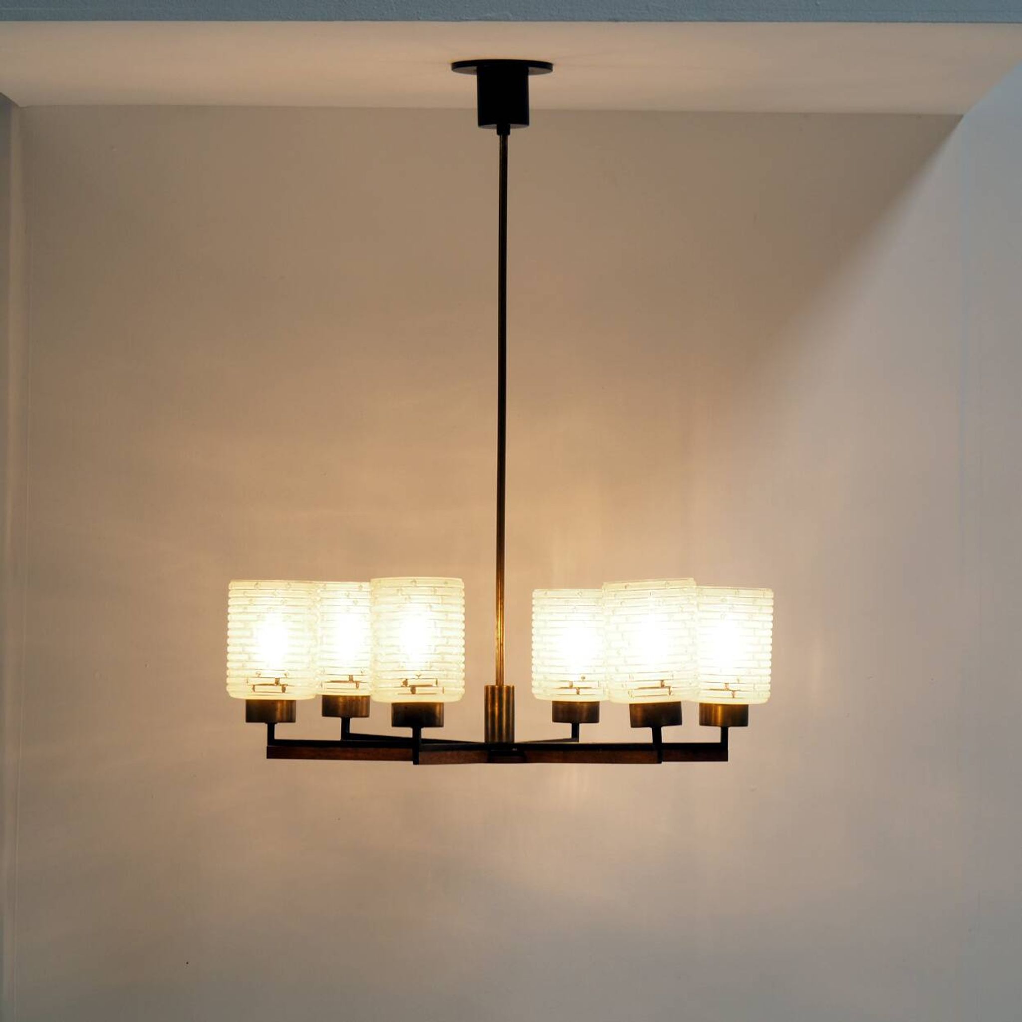 Vintage Philips 6-Light Chandelier in Brass, Teak & Black Metal
