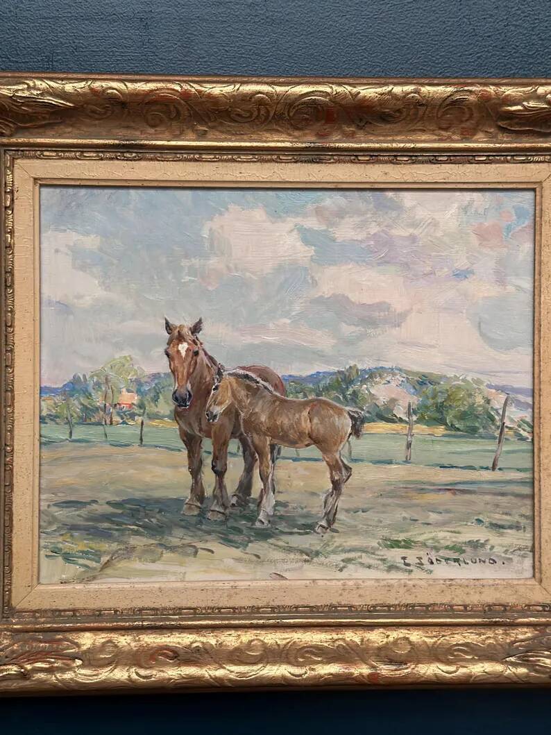 Original Vintage Swedish Oil on Panel – “Horses in a Pasture” by Einar Söderlund – Signed – Vintage & Framed