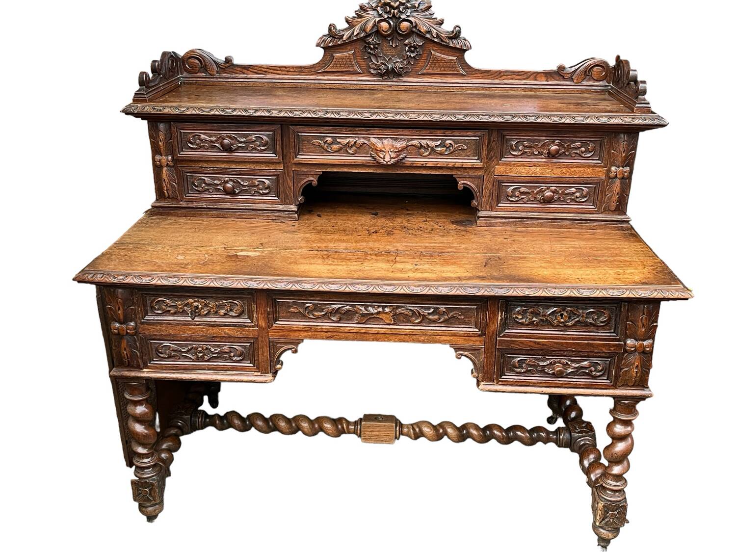 Desk with tiered secret drawer in solid oak Louis XIII