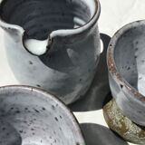 Signed grey-white artisanal stoneware cups and pot