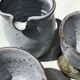 Signed grey-white artisanal stoneware cups and pot