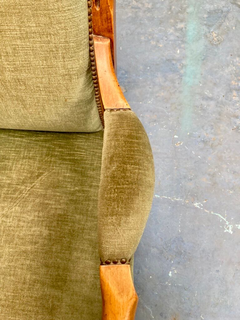 Voltaire armchairs in green velvet, the pair