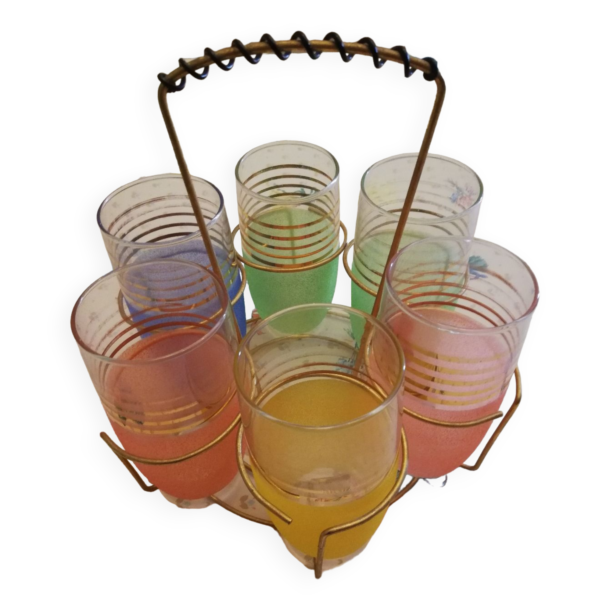 Ensemble 6 verres granité dans leur panier doré