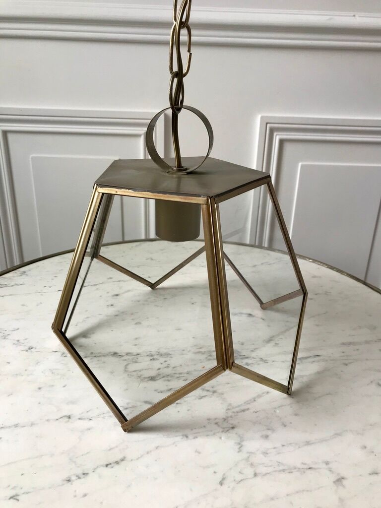Brass pendant lamp and graphic gilded glass 60s-70s