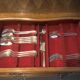 Solid wood silver cabinet with 5 drawers for 173 place settings, silver-plated metal, Solid silver