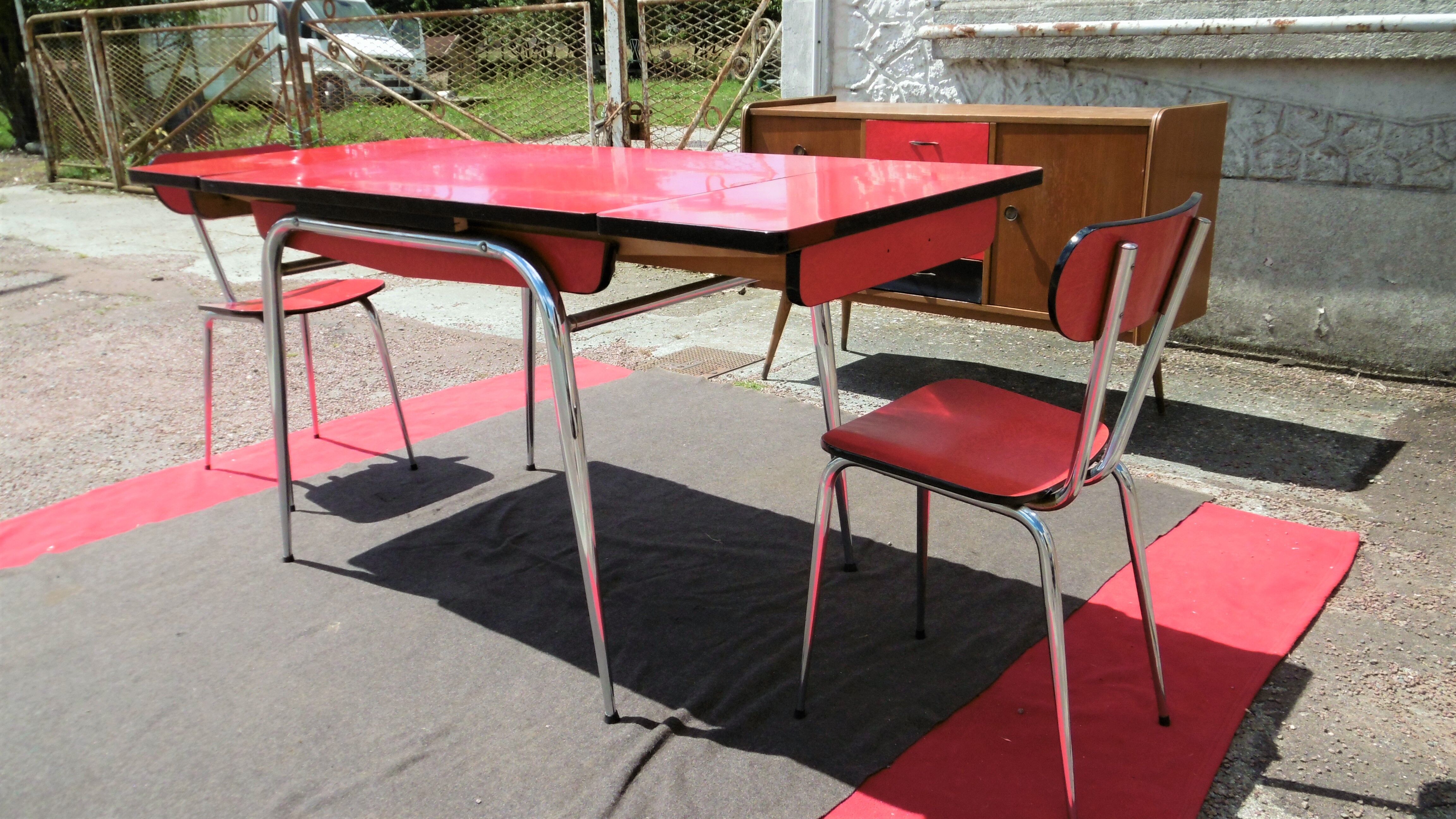 Red formica table and two chairs