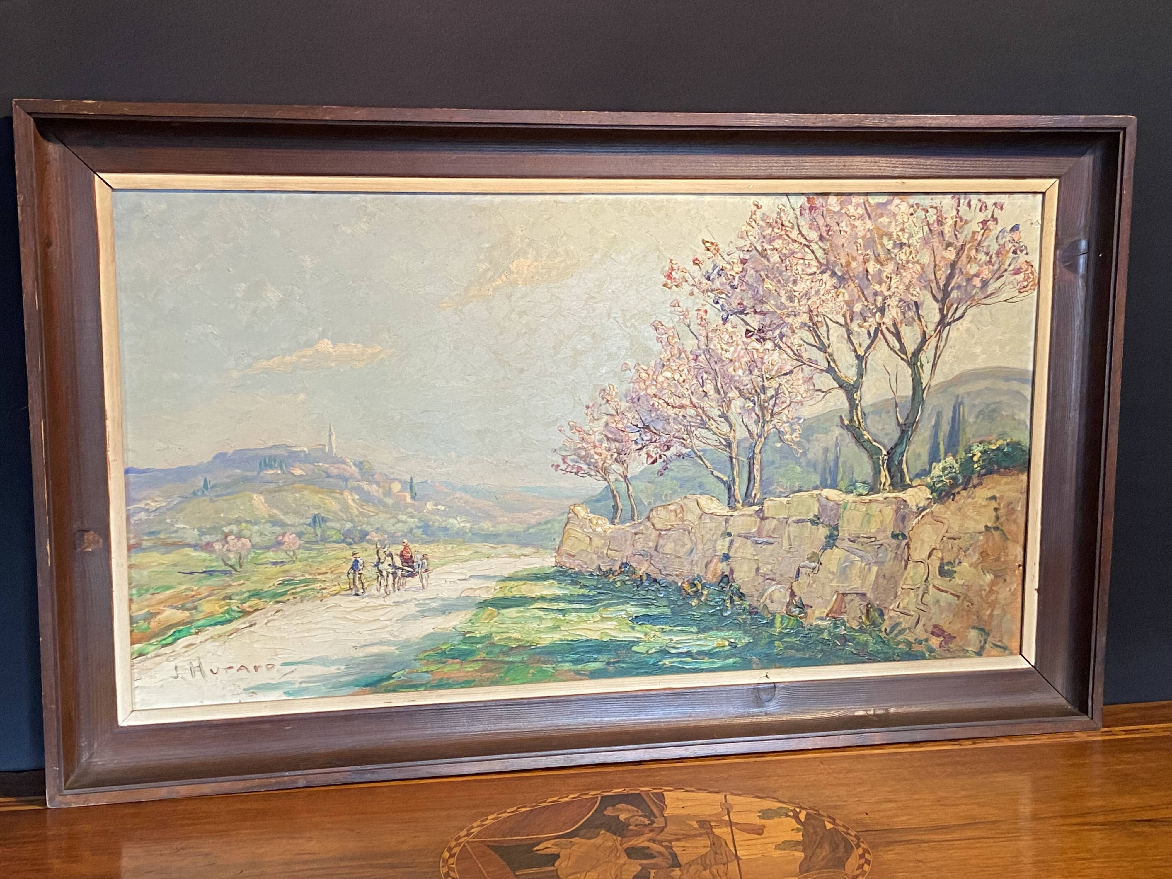 Landscape painting view from the village of Les Angles, Gard, Avignon, Hurard 1887-1956