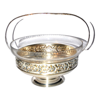 Basket cup centerpiece in silver metal and glass - oak tassel décor