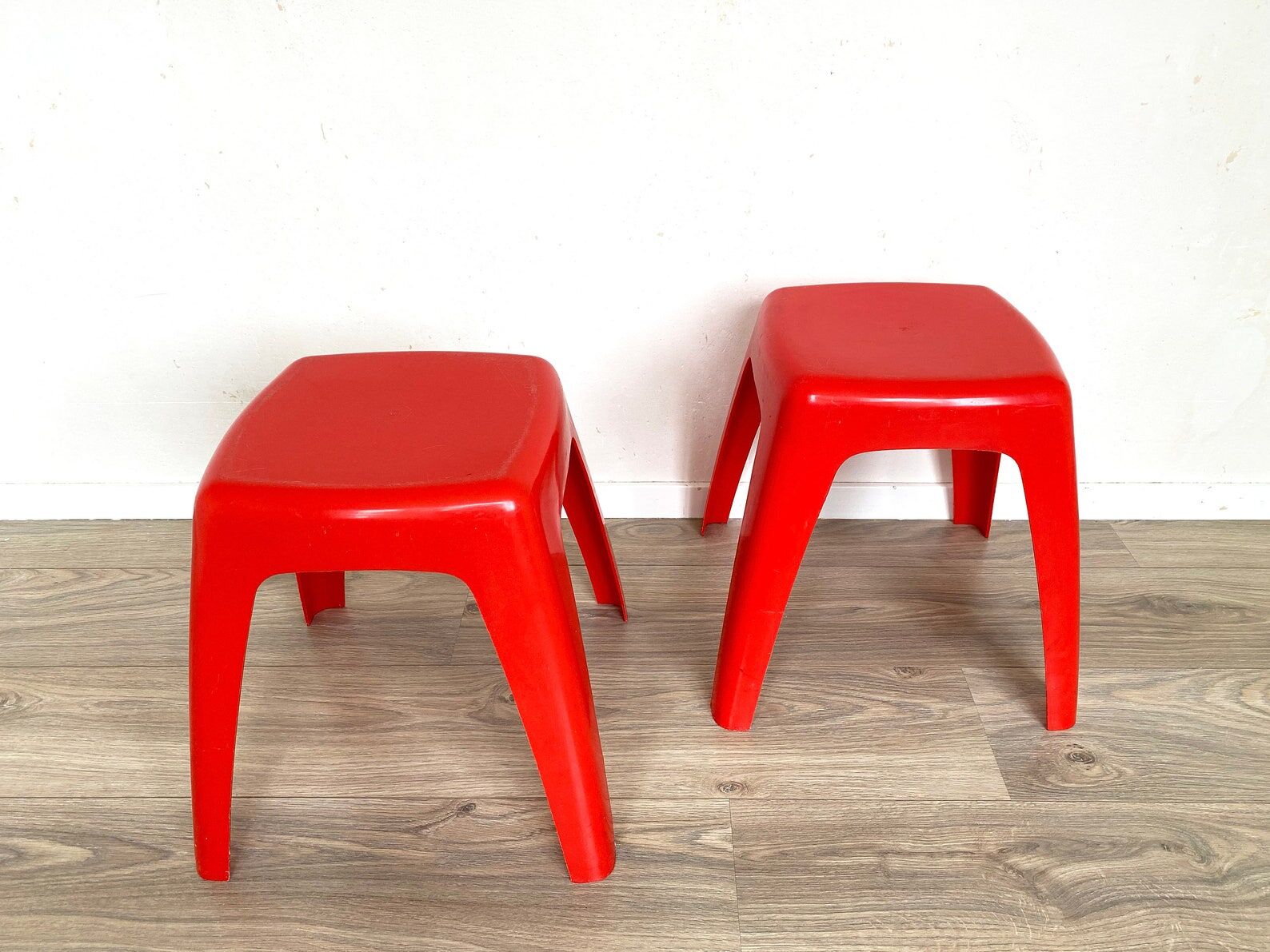 Space age plastic stool, vintage end table, mid century, red plant stand