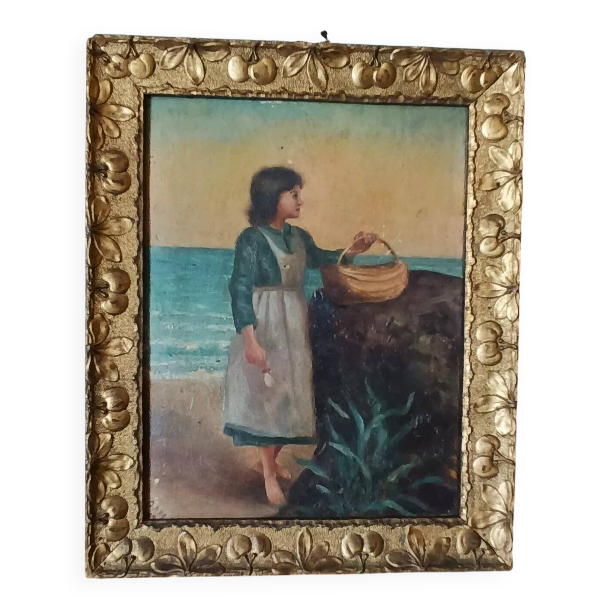 Peinture sur panneau à cadre paysan doré signée 1915