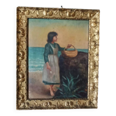Peinture sur panneau à cadre paysan doré signée 1915