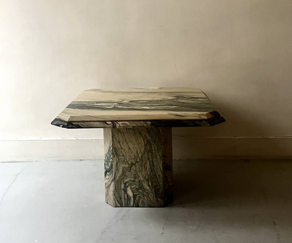 Octagonal coffee table in Italian beige/green veined marble, design 1970