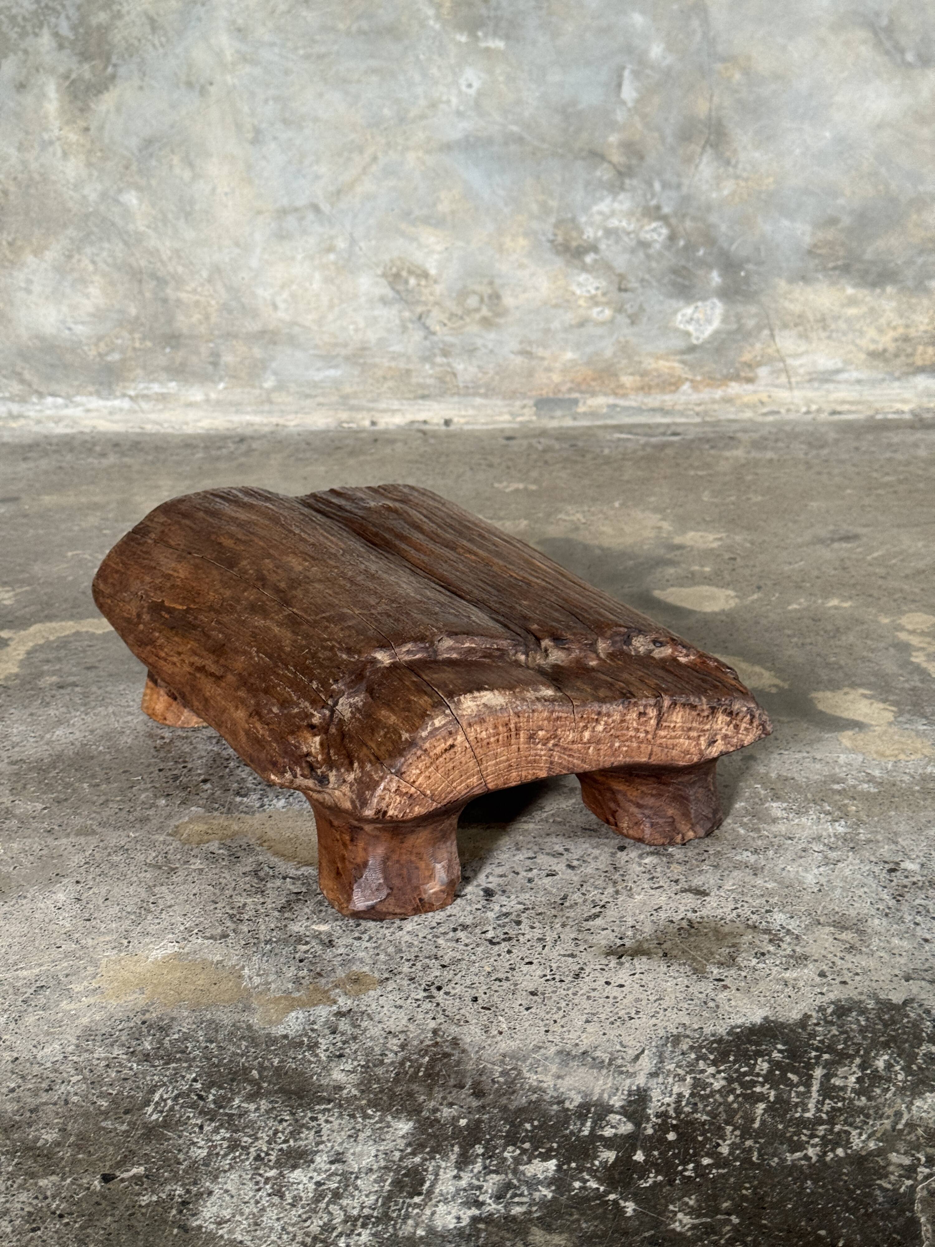 Small stool, footrest in organic blond teak monoxyle wabi-sabi L22