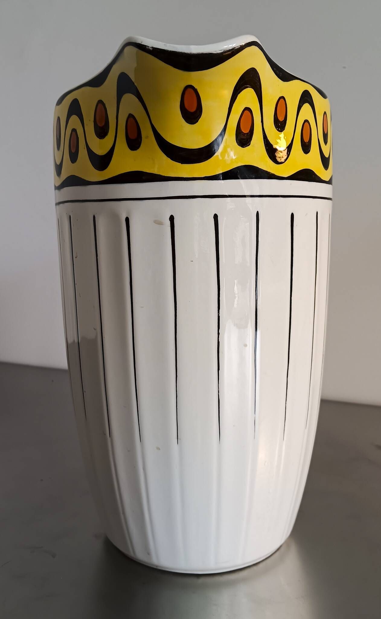 1 very large BFK (Boch Frères Keramis) Ambra 801 L jug. White, black lines and decorated band