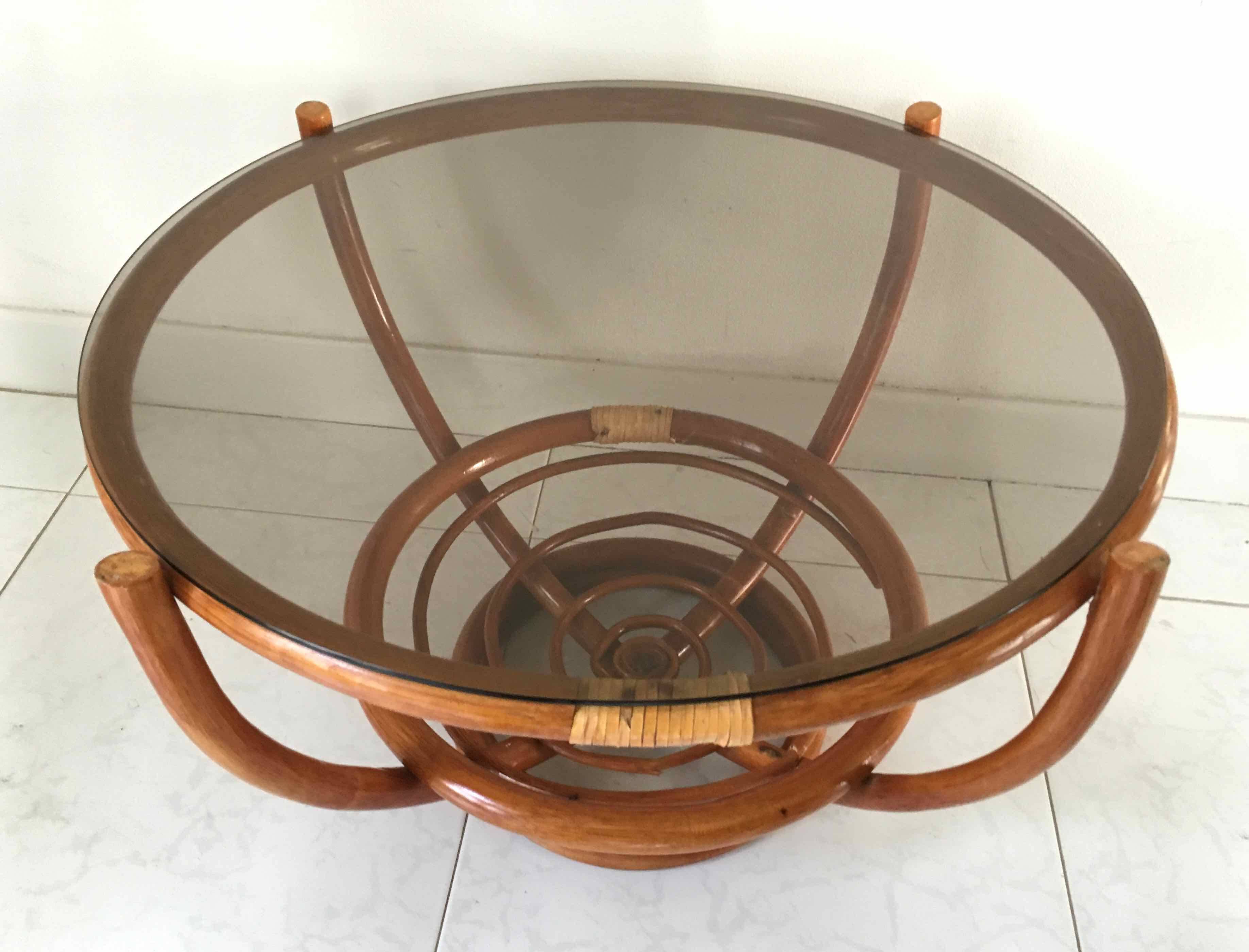 Rattan and smoked glass coffee table 1970