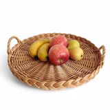 Rustic French Provence Large Round Handled Wicker Tray, France