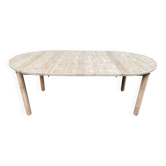 Table à manger scandinave ronde extensible décapée en bois massif années 70