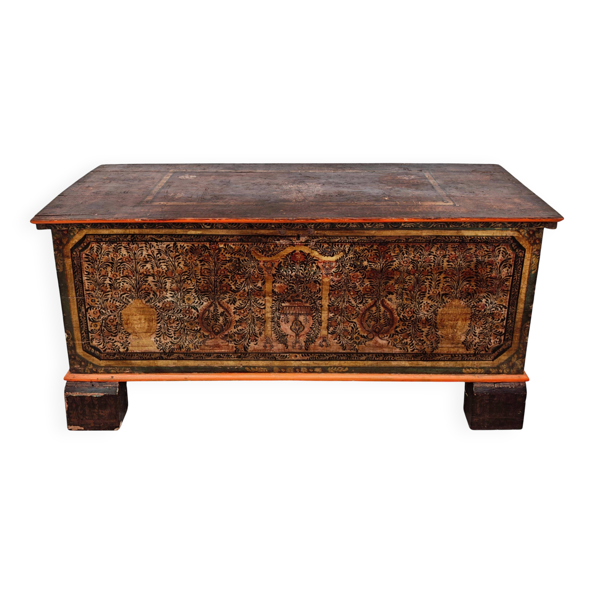 Coffre de dot antique extra grand en pin peint à la main
