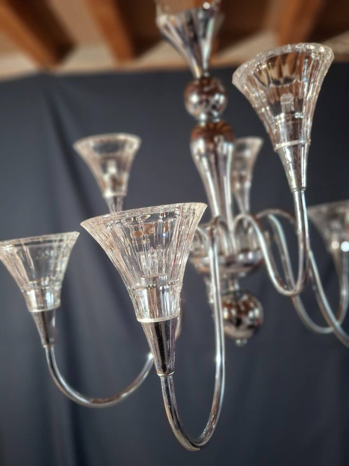 Chandelier from the 1930s to 1950s in chrome metal and thick glass.
