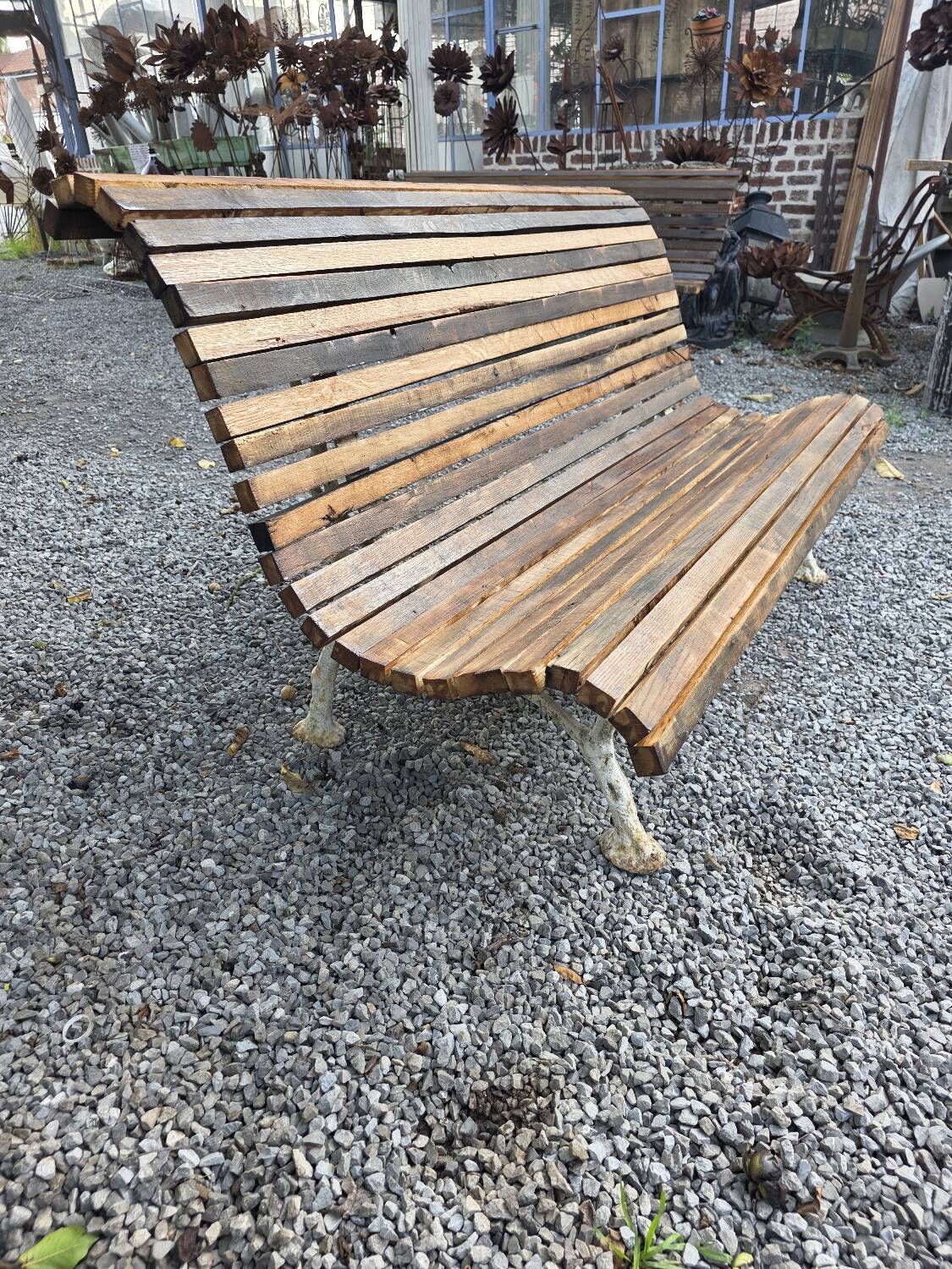 Cast iron and oak slatted garden bench